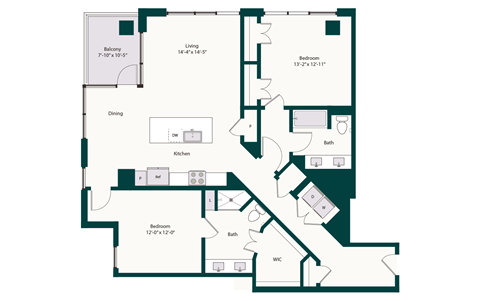 Floor plan for 2 beds, 2 baths, 1437 sqft